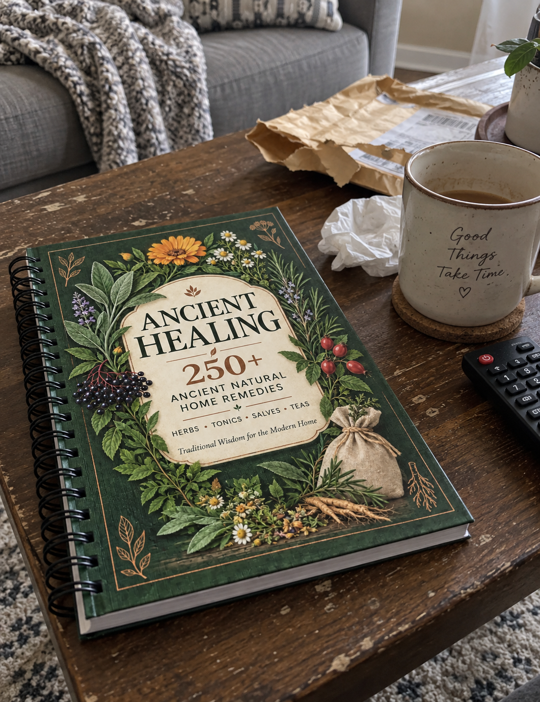 Ancient Healing Handbook beside a morning drink