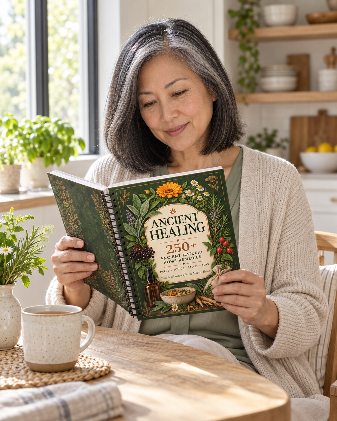 Woman reading the Ancient Healing Handbook in a bright kitchen