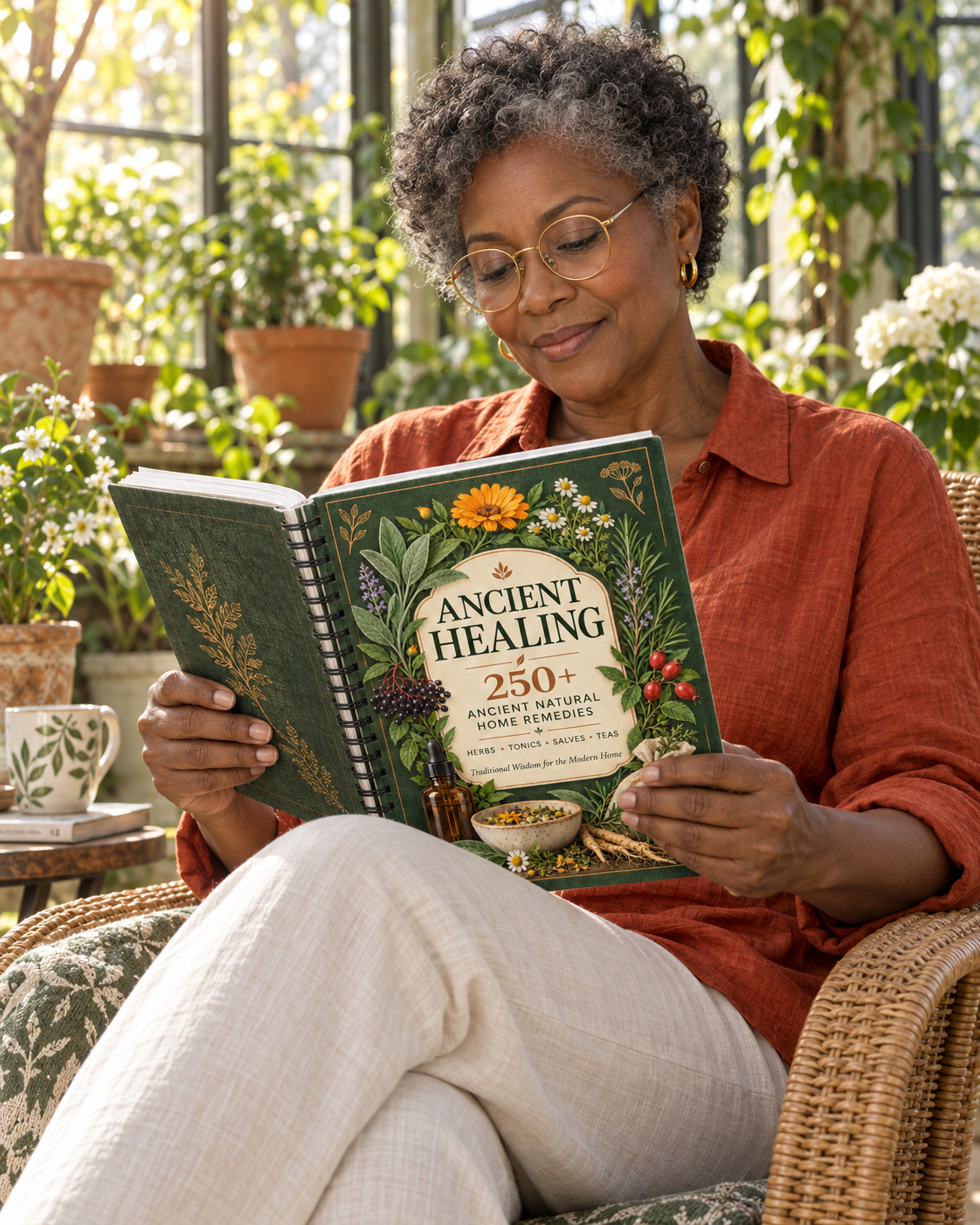 Woman reading the Ancient Healing Handbook in a plant-filled conservatory