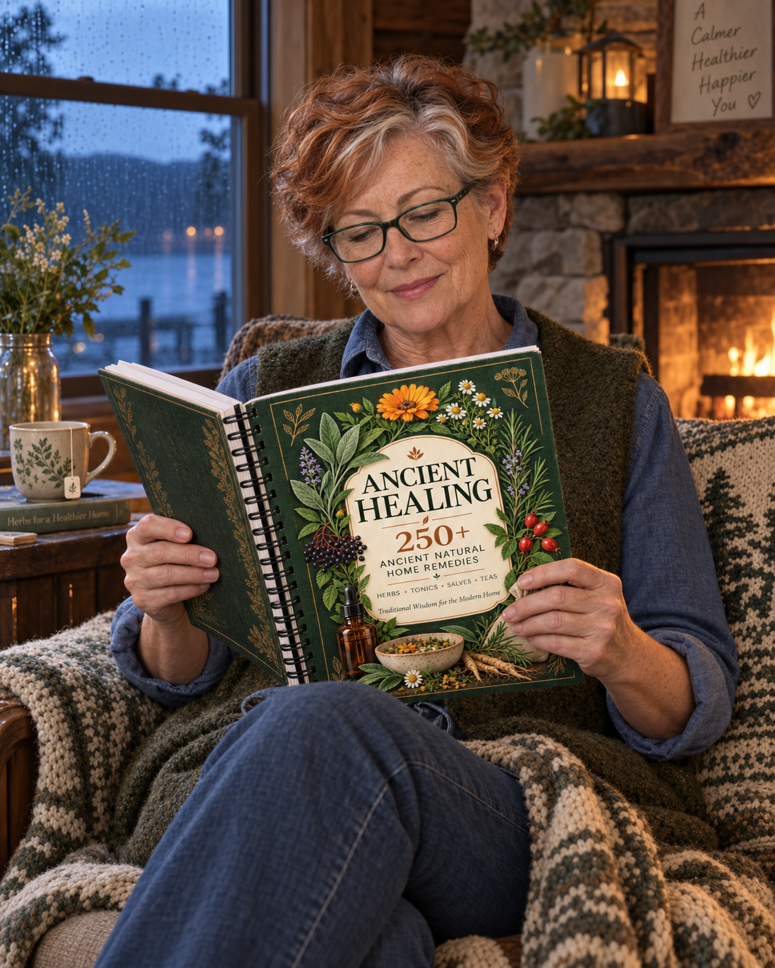 Woman enjoying the Ancient Healing Handbook beside a cabin fireplace