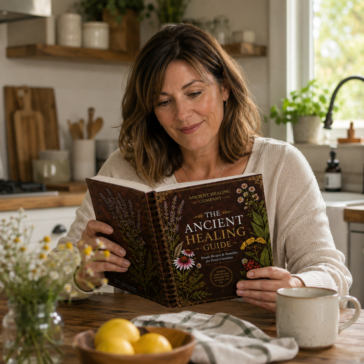 Woman reading The Ancient Healing Guide
